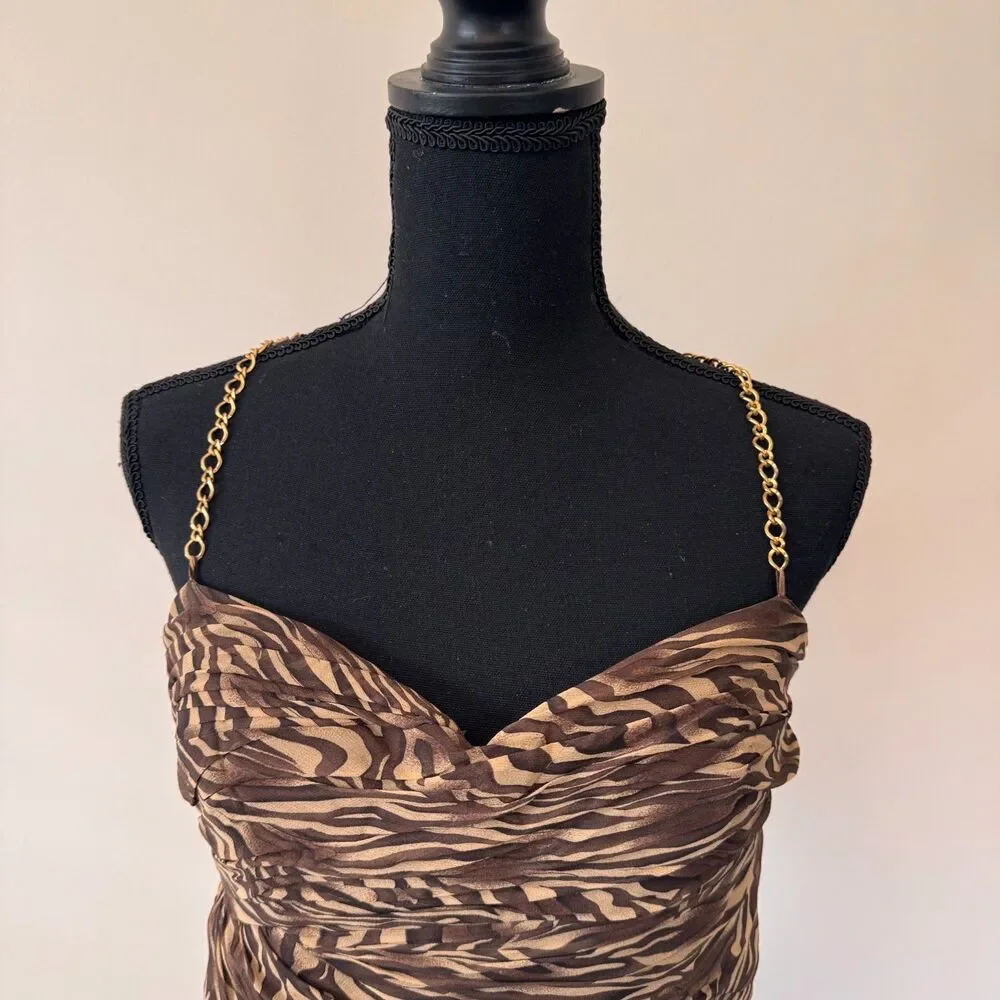 Niteline Brown & Tan Zebra Print Ruched Midi Dress Gold Chain Straps Size 12